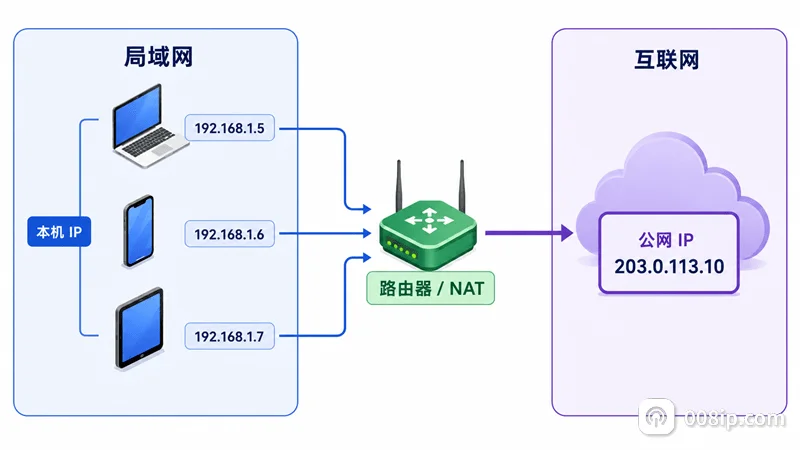 本机IP通过路由器NAT共享公网IP的网络结构