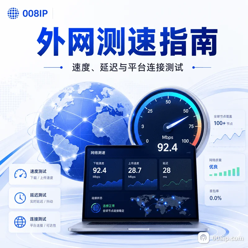 外网测速指南封面,展示全球网络连接、测速仪表盘、下载上传速度和延迟测试