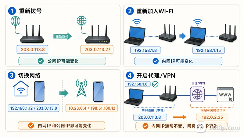 本机IP变化场景对比，展示重新拨号、重新加入Wi-Fi、切换网络和开启代理VPN对IP地址的影响