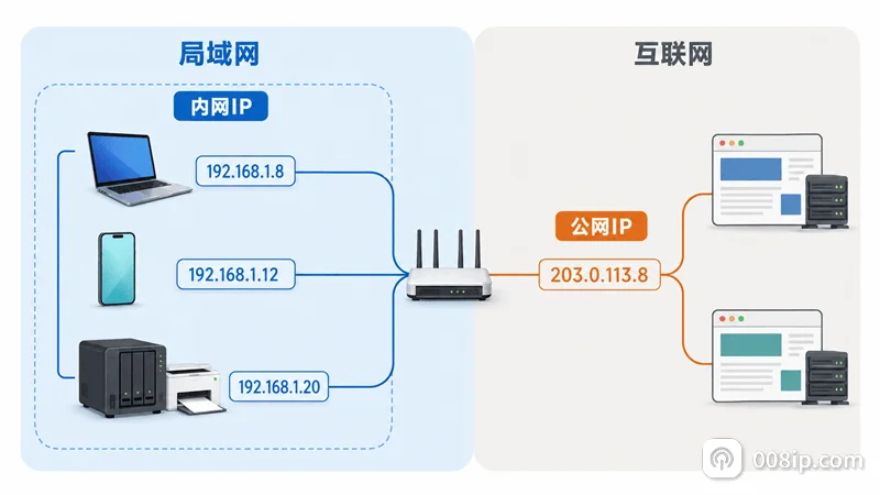 公网IP与内网IP区别示意图，多台局域网设备使用不同内网IP并共享公网IPv4出口